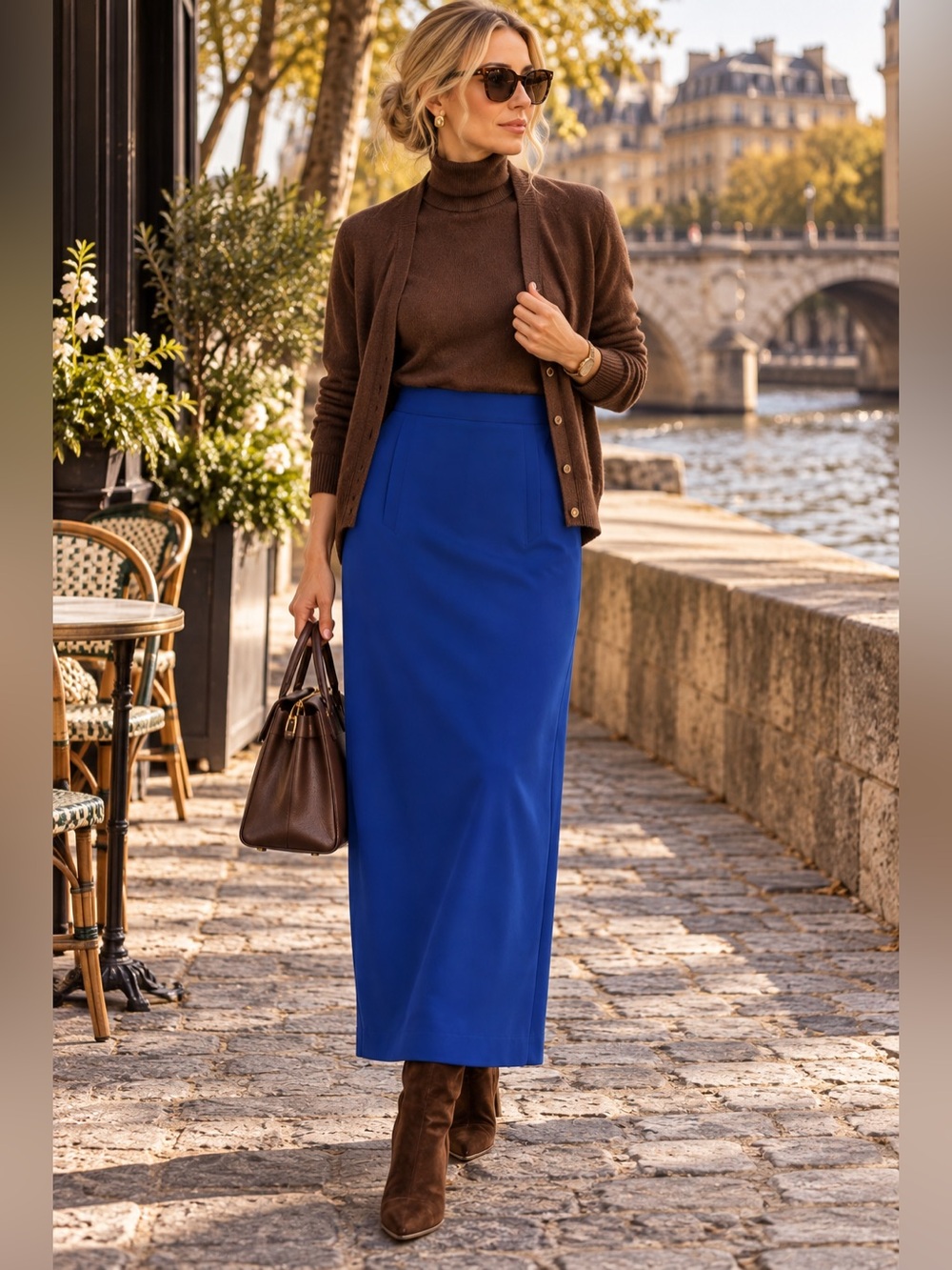 High-Waist Cobalt Blue Maxi Pencil Skirt - Women's
